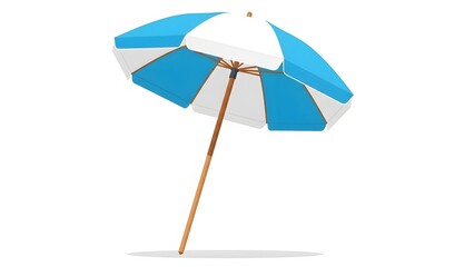 Fototapeta premium Blue and white striped beach umbrella with a wooden pole