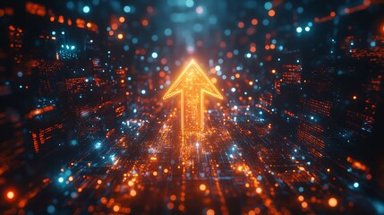 Digital arrow up in data stream.