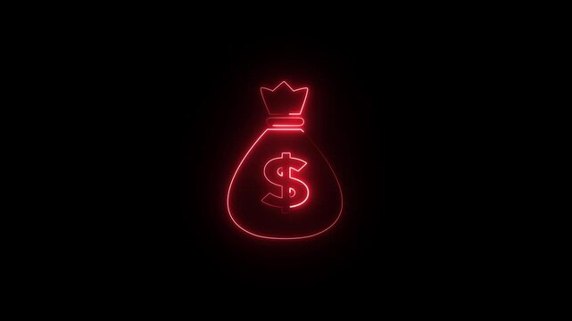  a red neon money bag with a dollar sign icon. The icon is designed in a glowing, bright neon style against a dark background. 