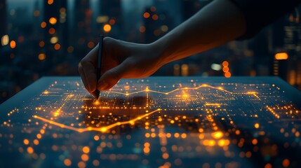 Digital data chart drawing on glowing screen.