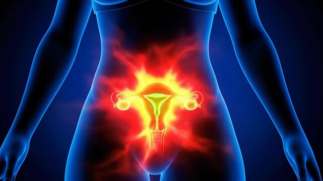 Womans pain in the uterus and ovaries experiencing discomfort and inflammation. Gynecological issues and pelvic health illustration.
