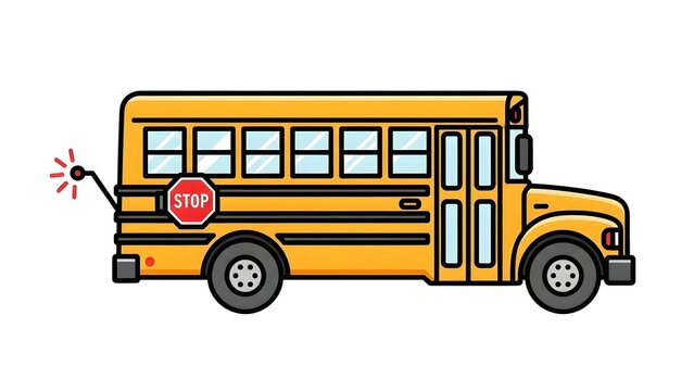 Yellow school bus with stop sign and flashing light