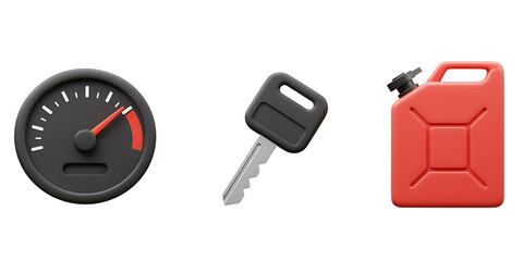 Car dashboard gauge key and red fuel canister on white  background