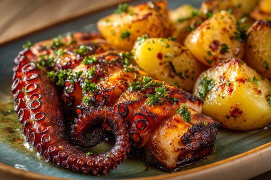 Polvo a Lagareiro featuring grilled octopus tentacles arranged with golden-brown potatoes, garnished with parsley. Concept of Octopus olive potatoes Portuguese cooked culinary delight.