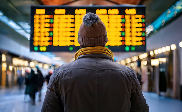 Man looking at departure display in a busy airport check-in - AI Generated