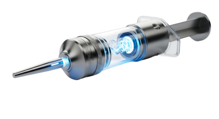Futuristic Syringe with Glowing Blue Liquid Isolated on Black Background for Medical Innovation