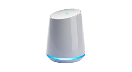 Modern White Smart Speaker with Glowing Blue Lights, Advanced Voice Assistant Technology Device