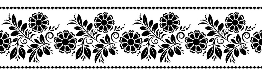 Black and white seamless pattern with flowers, swirls, leaves, and dots on a white isolated background, floral design element, decorative border. © Lukeriya