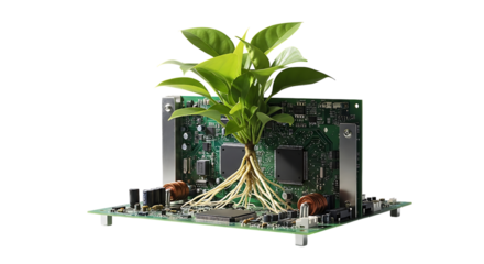 Vibrant Green Plant Growing from Computer Circuit Board Symbolizing Sustainable Technology