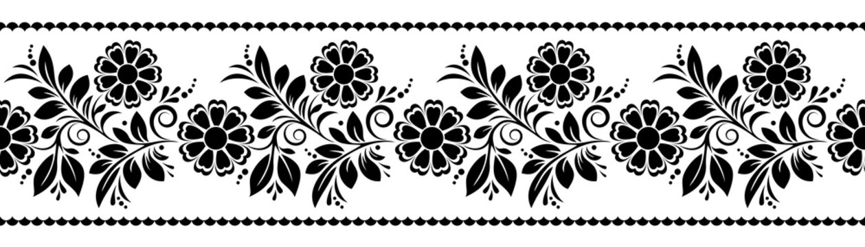 Black and white seamless pattern with flowers, swirls, leaves, and dots on a white isolated background, floral design element, decorative border.