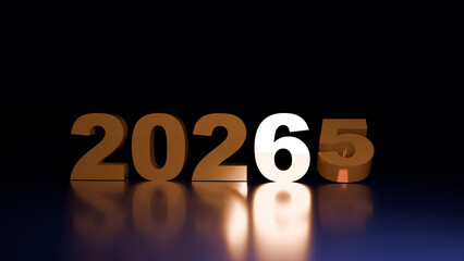 A golden 3D year 2026 with a falling 5 and placed on a dark blue background in the dark, where the 6 is illuminated by a bright light, creating a reflection on the surface and symbolizing the new year