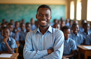 African teacher poses with crossed arms smiling at camera. Students sit in background. School class study together in uniform in classroom. Back to school education in Africa. Teacher is educator.