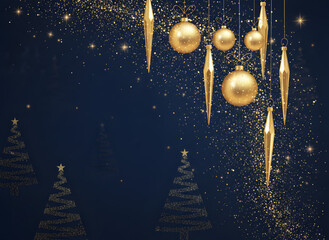 Luxury Golden Christmas Ornaments with Glitter Dust on Dark Blue Background