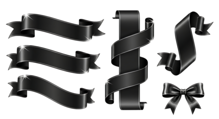 Black decorative ribbons and elegant bow isolated on transparent background design elements