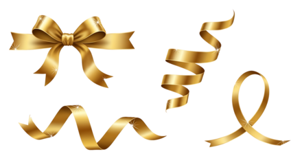 Elegant Golden Ribbon Bows and Swirls for Festive Decorations and Gifts Design