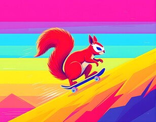 Colorful Neon Superhero Squirrel on Skateboard &ndash; Vibrant Flat Vector Illustration