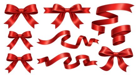 Red Satin Ribbon Bows and Curled Decorative Elements on Transparent Background Set