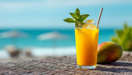 Obraz premium Refreshing Mango Drink with Straw on a Beach juice