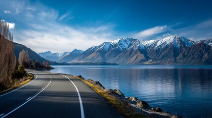Scenic Asphalt Road Curving Through Mountain Valley With Lake and Rugged Peaks Under Clear Sky