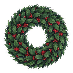 Lush Holly Wreath with Dense Leaves and Red Berries