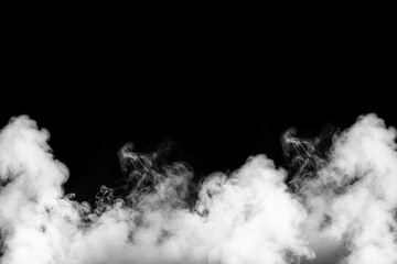Wispy white smoke billows dramatically across the bottom edge of a stark black background creating an atmospheric texture perfect for overlays or special effects