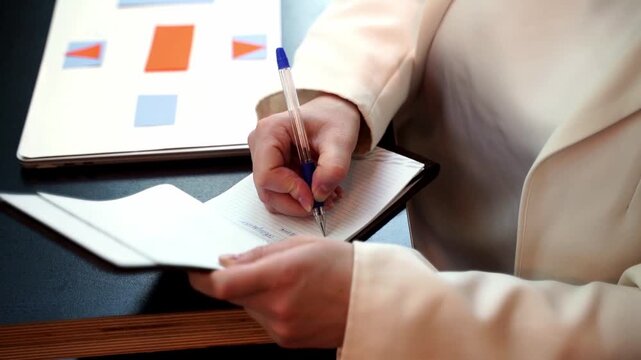 Professional woman writing notes in a notebook, camera zooms in on focused action