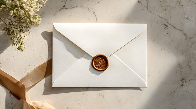 Elegant white envelope sealed with a classic wax stamp rests on a textured surface with soft light