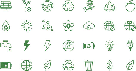 A large set of simple green outline icons representing ecology, renewable energy, and environmental sustainability concepts, featuring solar power, recycling, nature, and electric power sources. © MstBabli