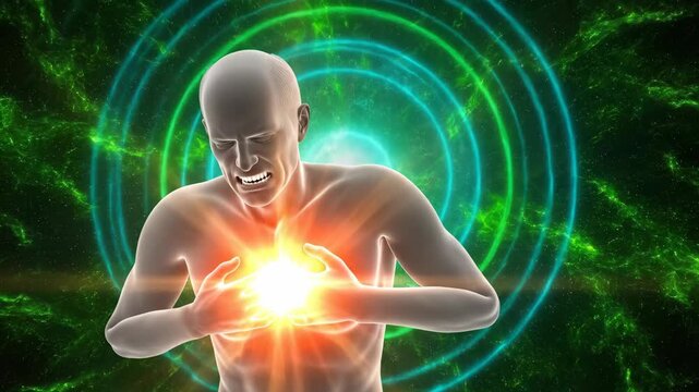 Man with glowing chest experiencing intense heart pain, illustrating chest discomfort, angina pectoris, and myocardial infarction concept