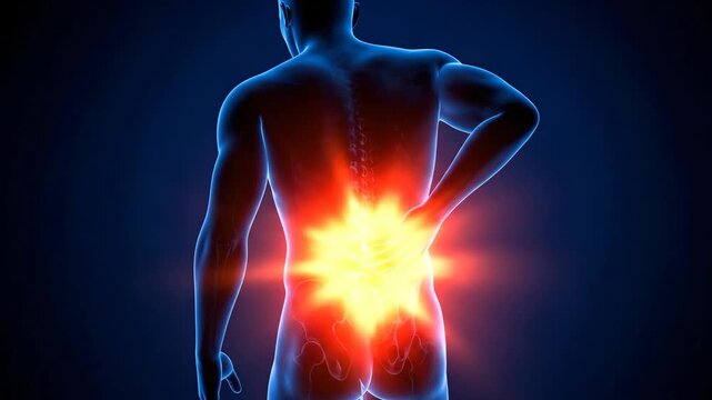 Man experiencing lower back pain in medical animation. Human anatomy showing lumbar spine discomfort and musculoskeletal issues as a health concept.