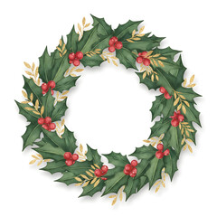 Holly Wreath with Gold Accents and Red Berries in Watercolor Style