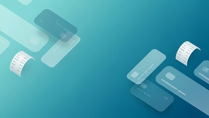 Abstract background with financial transaction elements like credit cards and receipts in a clean, modern design with a teal gradient