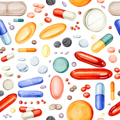 Watercolor hand drawn various colorful pills, tablets, capsules, vitamins seamless pattern. Medications, medicines isolated on transparent background. Vibrant illustrations for medical, health