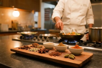 Chef preparing a dish with various spices and herbs in a professional kitchen