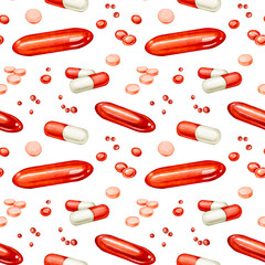 Watercolor hand drawn various colorful pills, tablets, capsules, vitamins seamless pattern. Red medications, medicines isolated on transparent background. Vibrant illustrations for medical, health