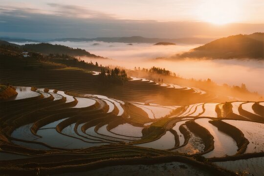 Sunrise over terraced rice fields with misty mountains and reflective water - Powered by Adobe