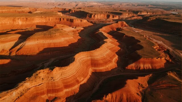 Aerial view of a vast desert canyon with layered red rock formations and winding riverbeds at sunset - Powered by Adobe