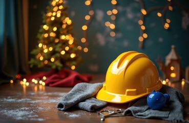 Naklejka premium Yellow hard hat, plumbing items with festive New Year decor. Celebration themed photo of construction work with Christmas tree, cozy ornaments for seasonal designs. Perfect builder holiday greeting