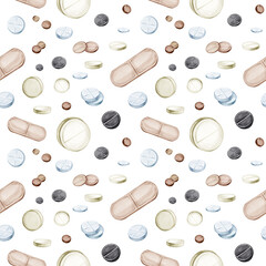 Watercolor hand drawn various colorful pills, tablets, capsules, vitamins seamless pattern. Medications, medicines isolated on transparent background. Vibrant illustrations for medical, health