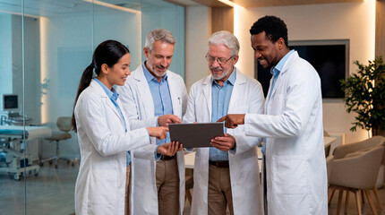 Diverse medical team collaborating with technology