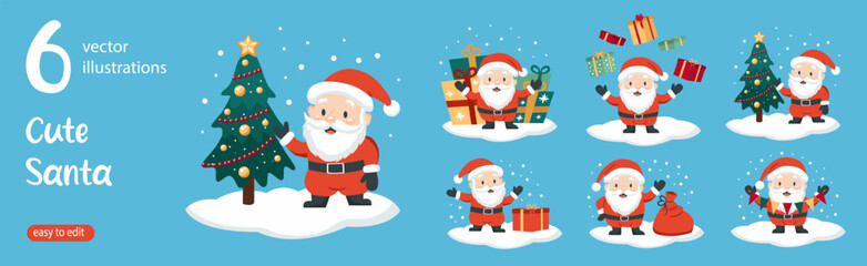 A set of cute festive Santa Claus on blue winter background. Santa with a Christmas tree,  gifts, garland. Vector illustrations for card, poster, banner.
