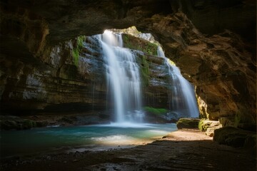 Waterfall cascading into a serene pool within a rocky cave