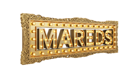 Golden Ornate "MAREDS" Signboard with Glowing Light Bulbs. Marquee Style Vintage Illuminated Display.