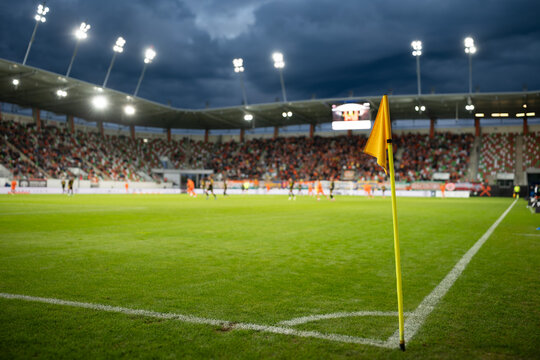 Corner of football pitch at the stadium during the match.