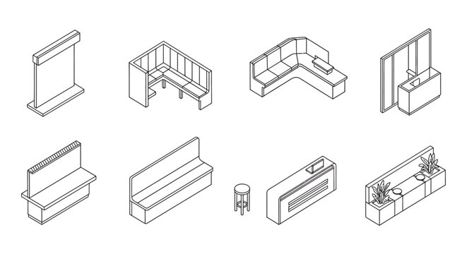 isometric line art icons of modern office furniture and public seating including reception desks and benches for interior design layouts.