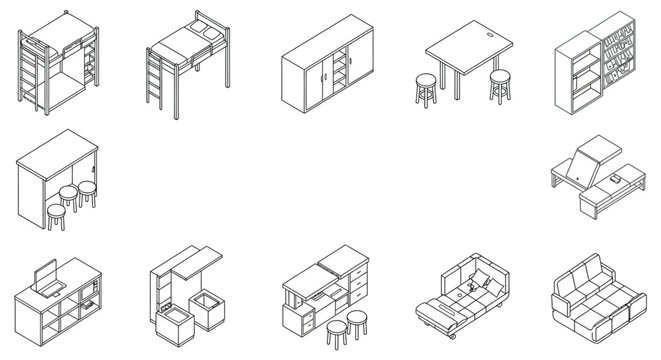 isometric line art icons of space-saving multi-functional furniture for compact homes dorms apartments architectural plans.