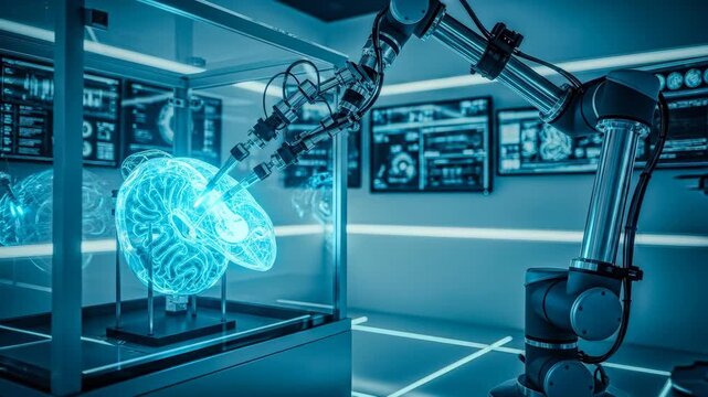 Robotic arm performing intricate surgery on a glowing human brain model, representing advanced medical technology and neural interface research.