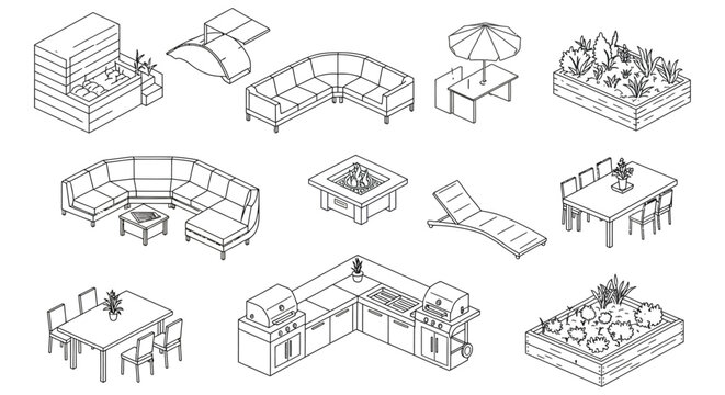 isometric outdoor furniture and garden elements vector line art a comprehensive collection depicting modern backyard and patio design concepts for landscape planning.