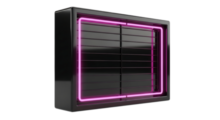 Black metallic vent with glowing pink neon frame, abstract modern technology design element