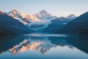 Snow-capped mountains reflected in a calm alpine lake at dawn